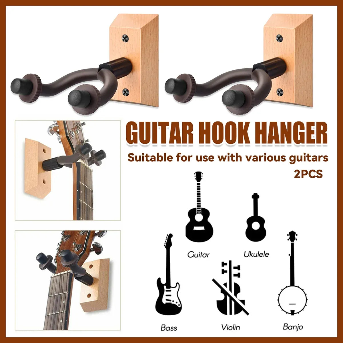 2PCS Guitar Wall Hanger Hook Holder Sturdy for Bass Ukulele Instrument Storage