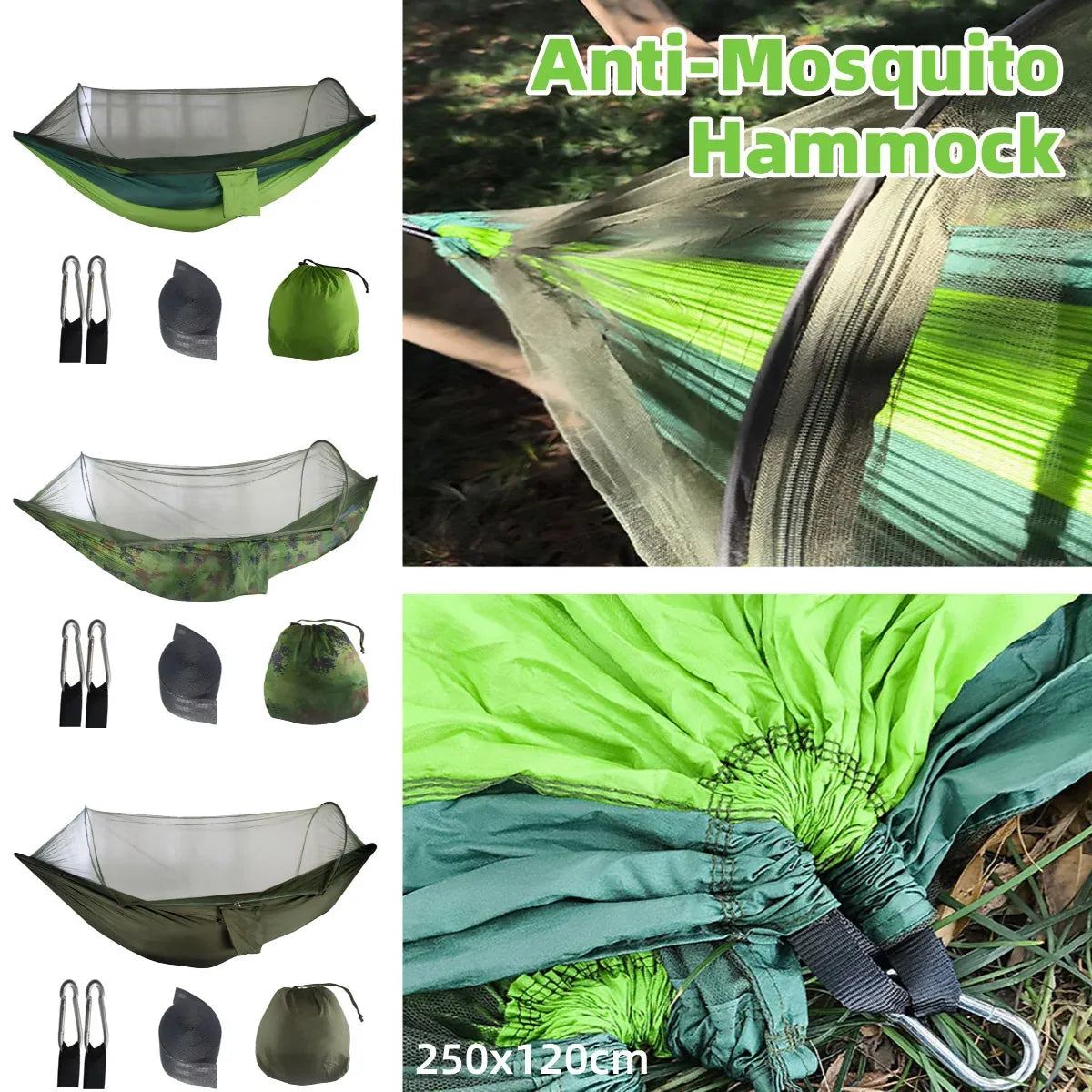 Camping Hammock Tent Set Double Outdoor Hanging Bed With Mosquito Net For Travel - Army green
