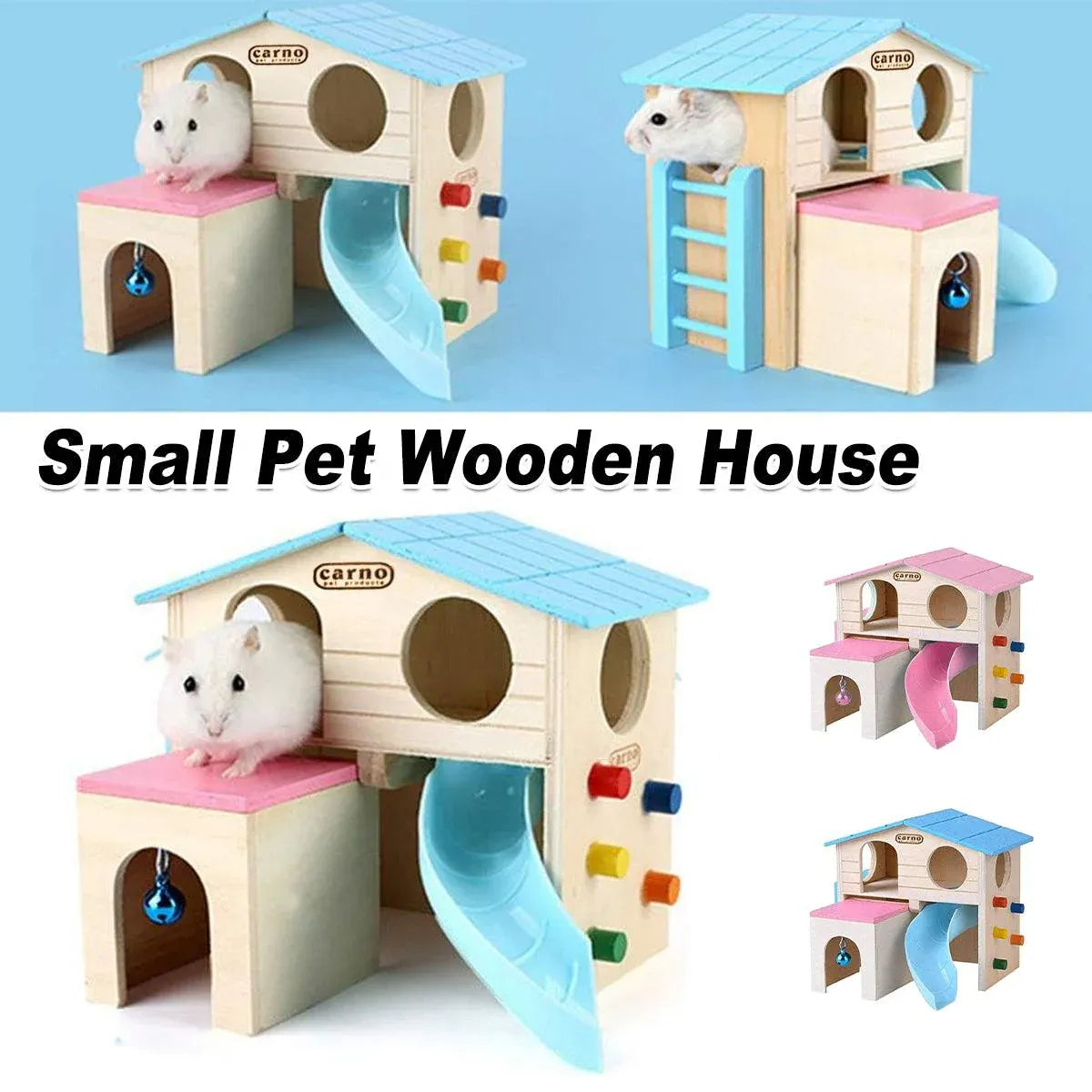 Wooden Luxury Hamster Villa Escape House Fun Nest Pet Home for Small Animals - Pink