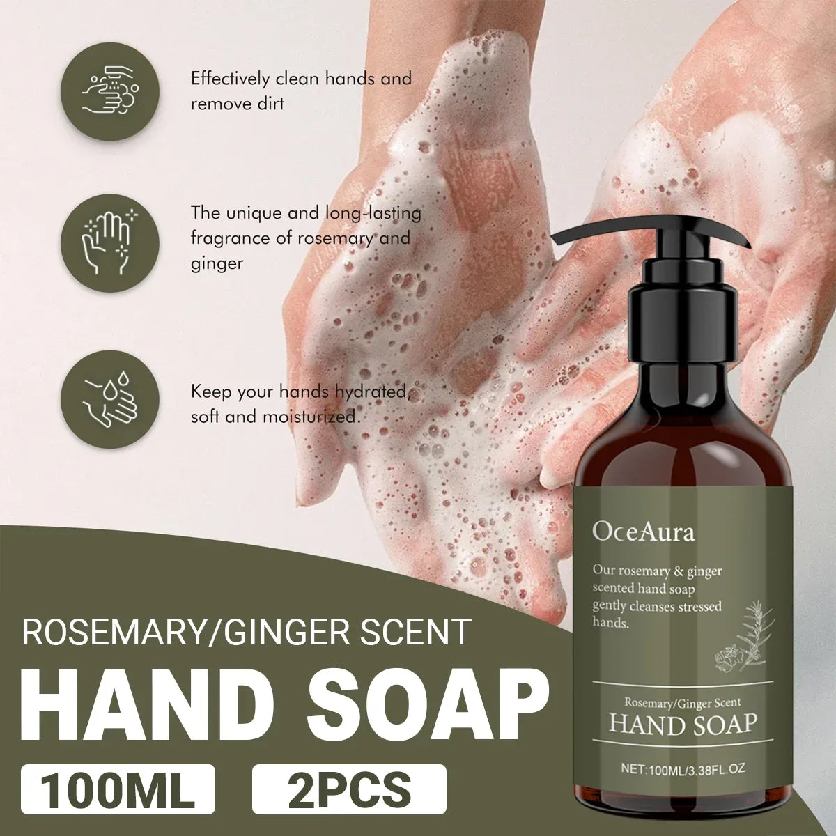 2pcs Rosemary Ginger Hand Sanitizer Easy Rinsing Antibacterial for Hand Hygiene