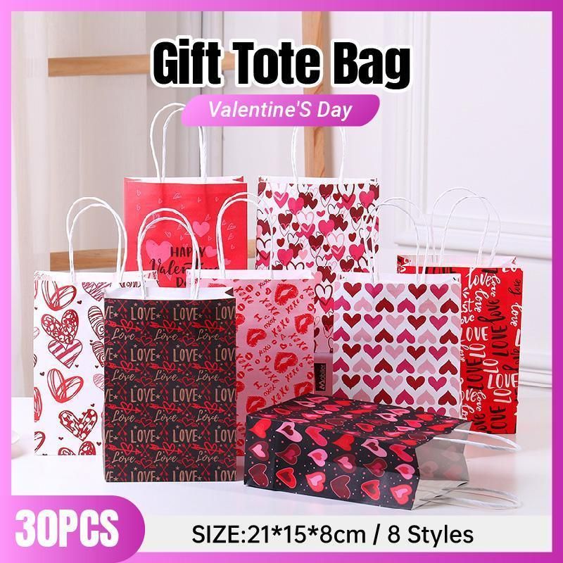 30x Valentines Day Love-Themed Tote Bag Elegant Kraft Paper Handbag Lightweight - Y173