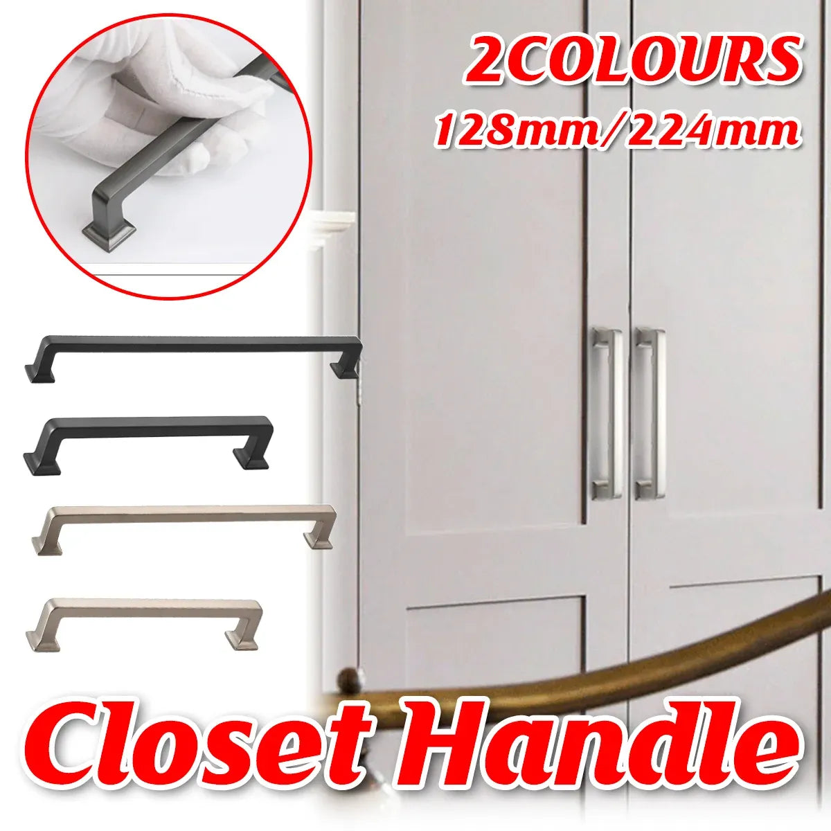 128mm 224mm Wardrobe Cabinet Door Handle Modern Simple Drawer Pull Furniture - Grey-128mm