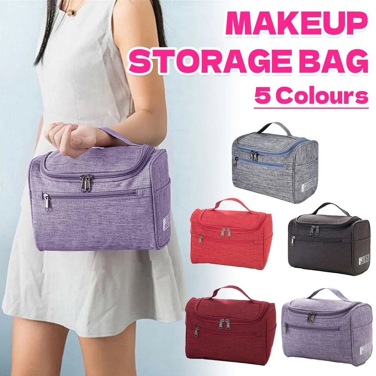 Womens Cosmetic Bag Make Up Case Travel Toiletry Wash Organiser Vanity Nail Box - Rose Red