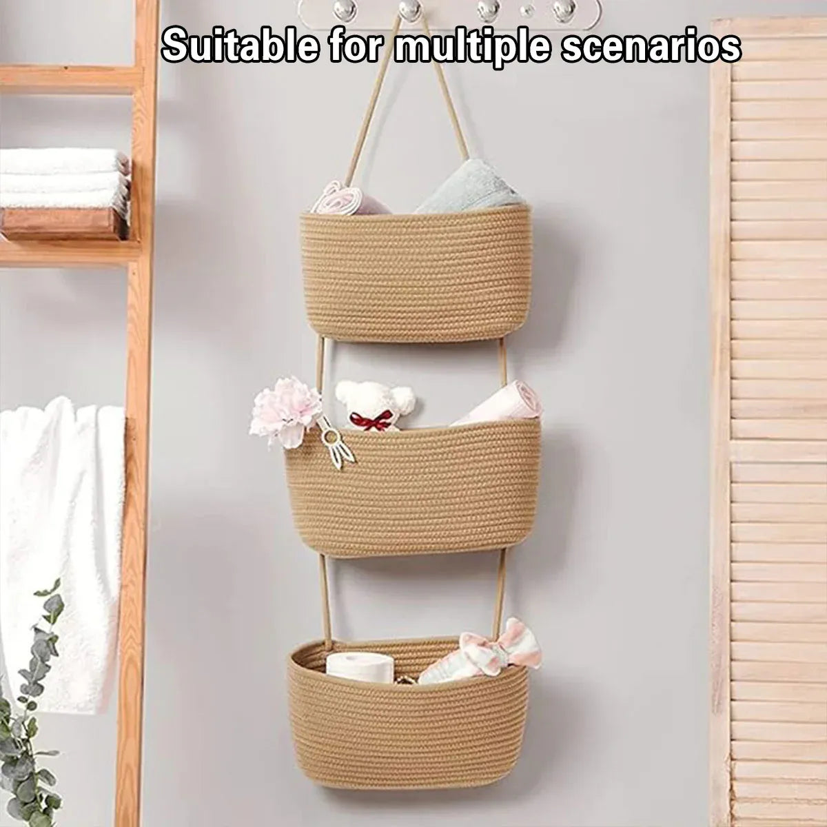 3 Layer Wall Mounted Storage Basket Hanging Organizer Rack for Household Items - Brown