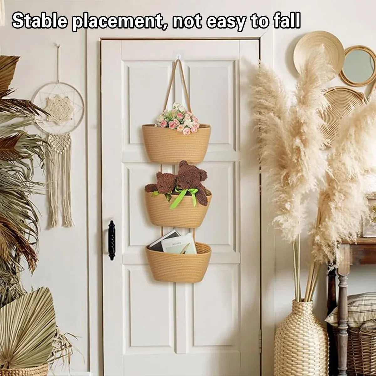 3 Layer Wall Mounted Storage Basket Hanging Organizer Rack for Household Items - Brown