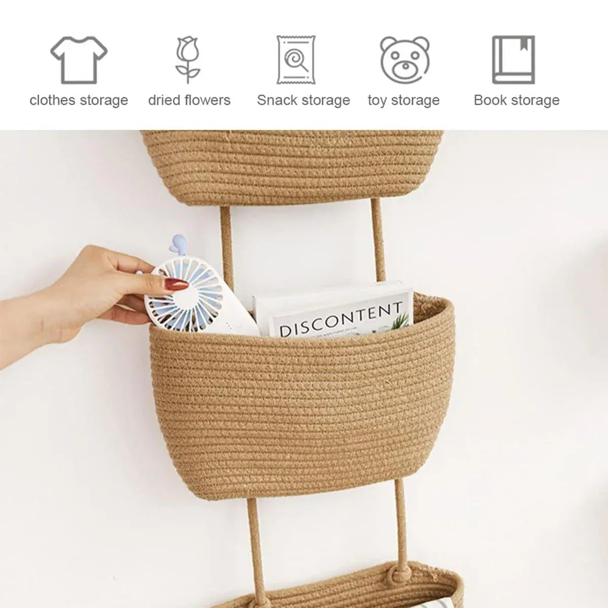 3 Layer Wall Mounted Storage Basket Hanging Organizer Rack for Household Items - Brown