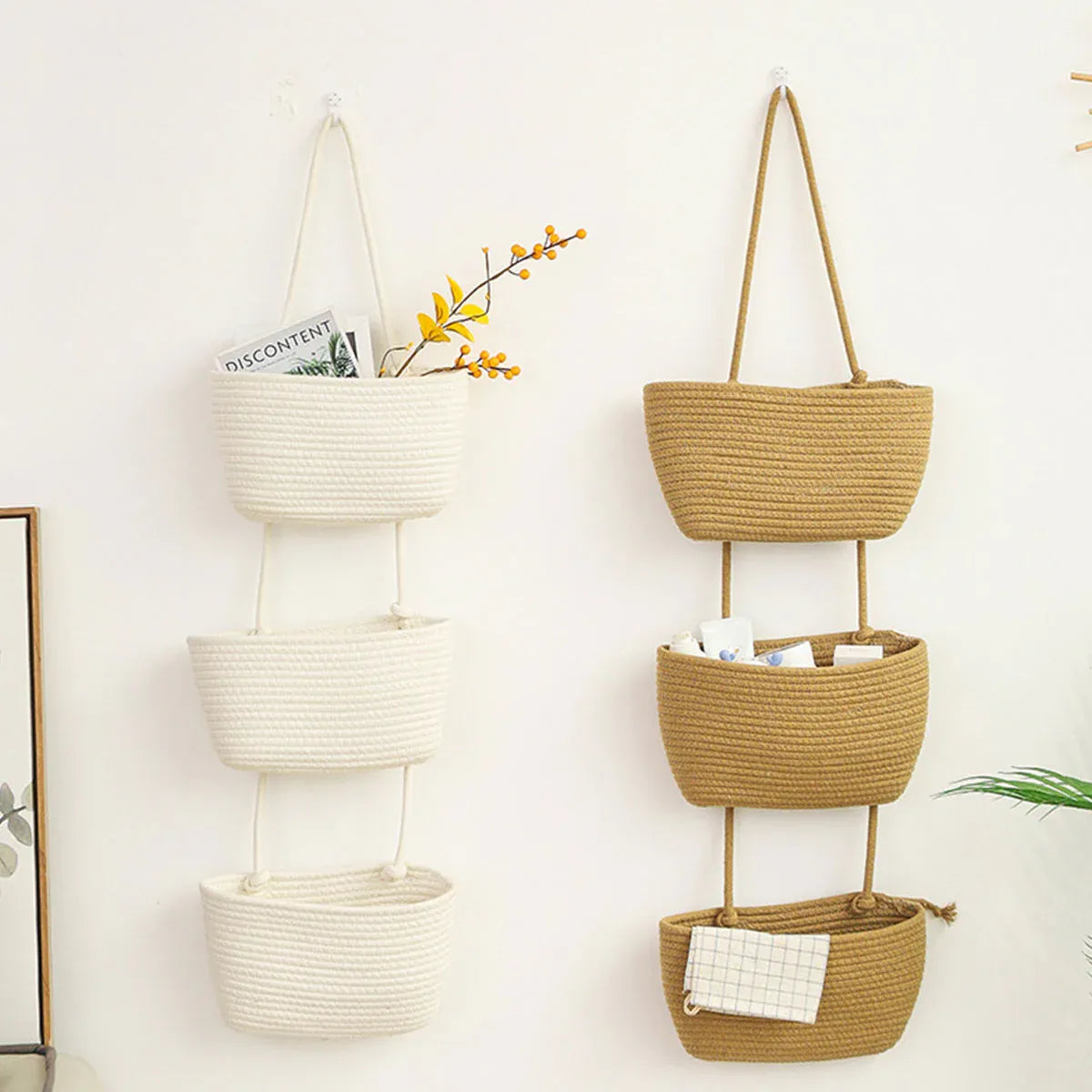 3 Layer Wall Mounted Storage Basket Hanging Organizer Rack for Household Items - Brown