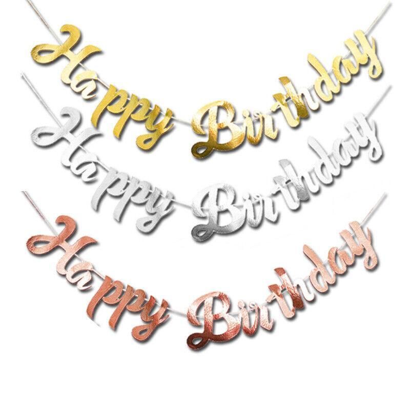 Happy Birthday Party Banner Decorations in Rose Gold Silver or Gold Bunting Garland - Gold