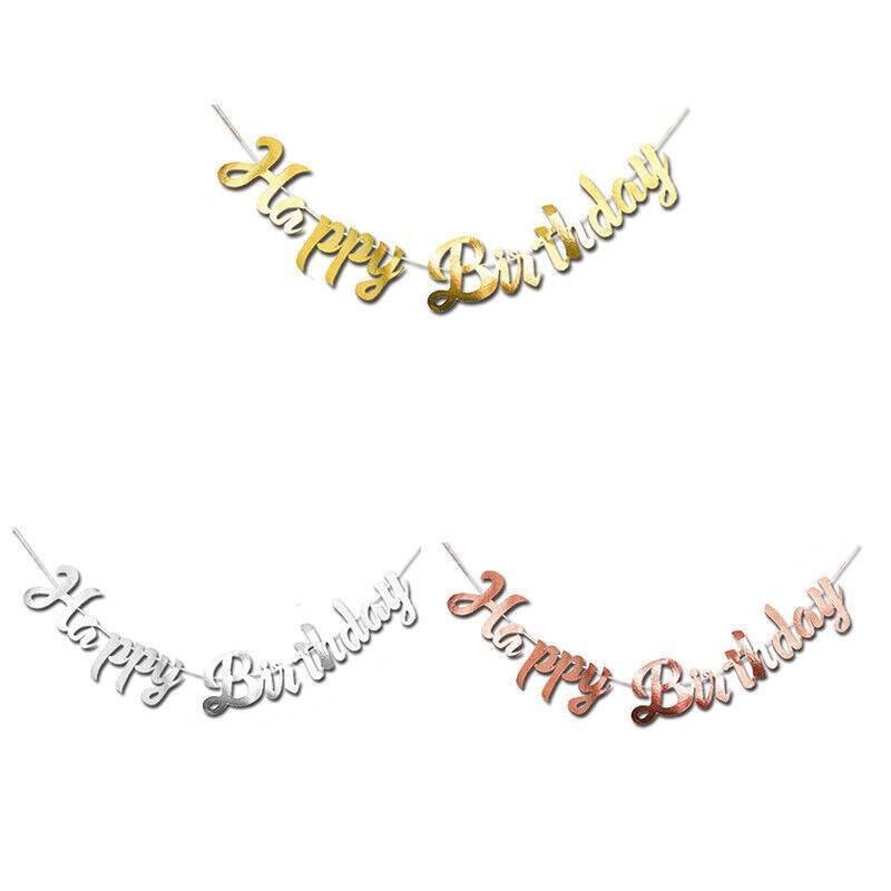 Happy Birthday Party Banner Decorations in Rose Gold Silver or Gold Bunting Garland - Gold
