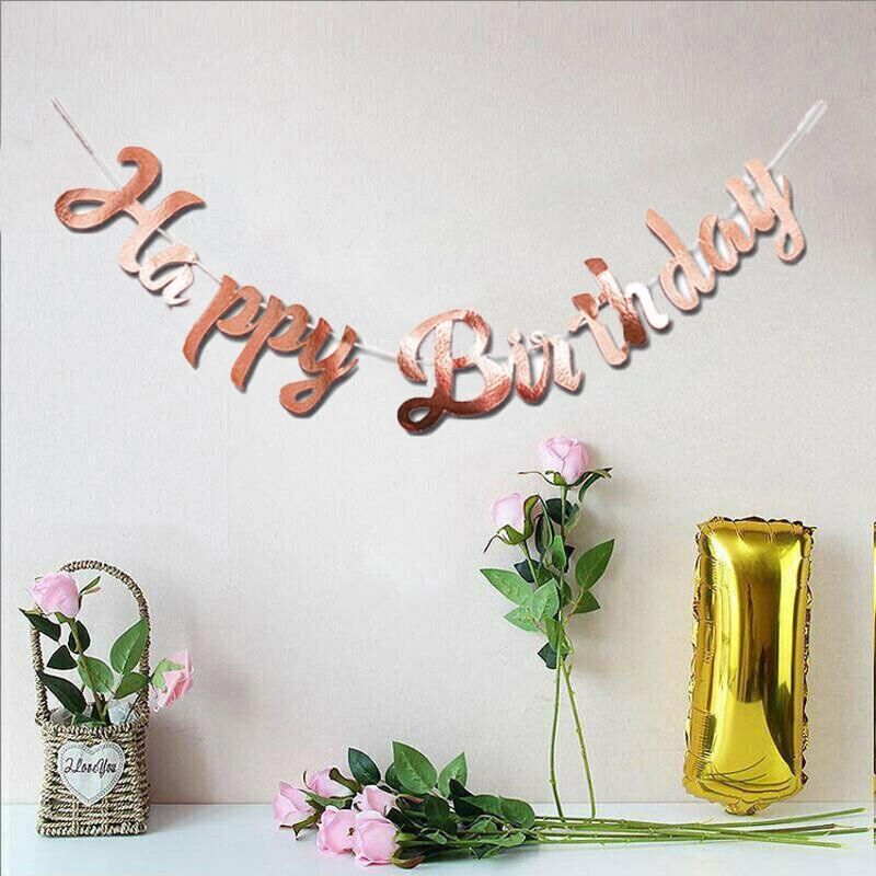 Happy Birthday Party Banner Decorations in Rose Gold Silver or Gold Bunting Garland - Rose Gold
