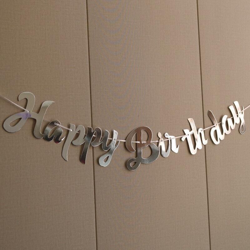 Happy Birthday Party Banner Decorations in Rose Gold Silver or Gold Bunting Garland - Silver