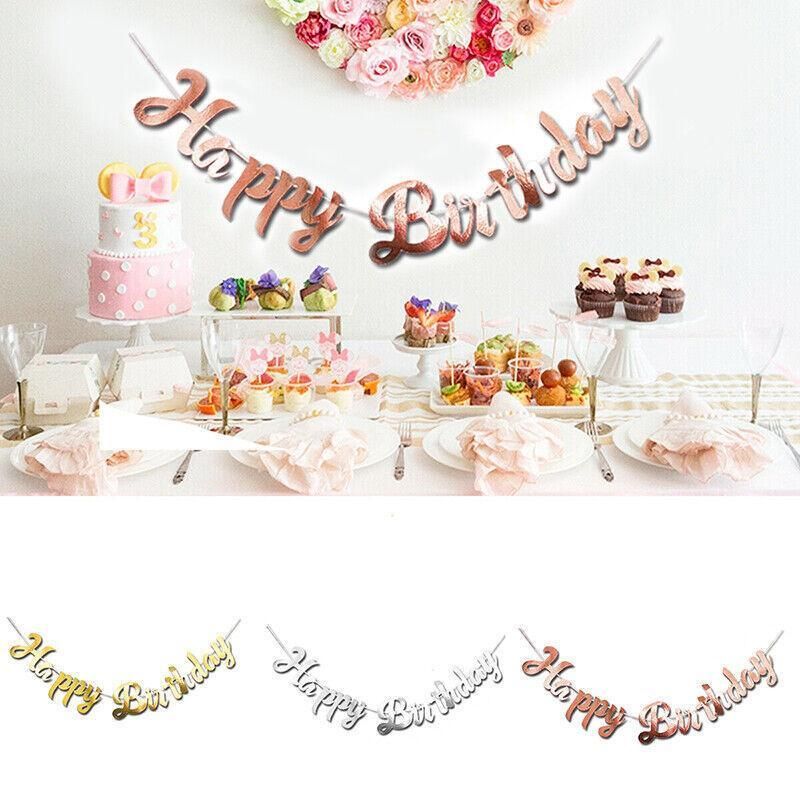 Happy Birthday Party Banner Decorations in Rose Gold Silver or Gold Bunting Garland - Silver