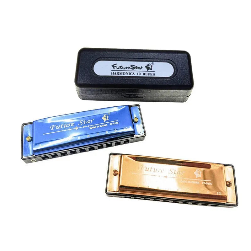 Harmonica 10 Holes Key Of C Blue Blues Harp Stainless Steel Brass - Gold