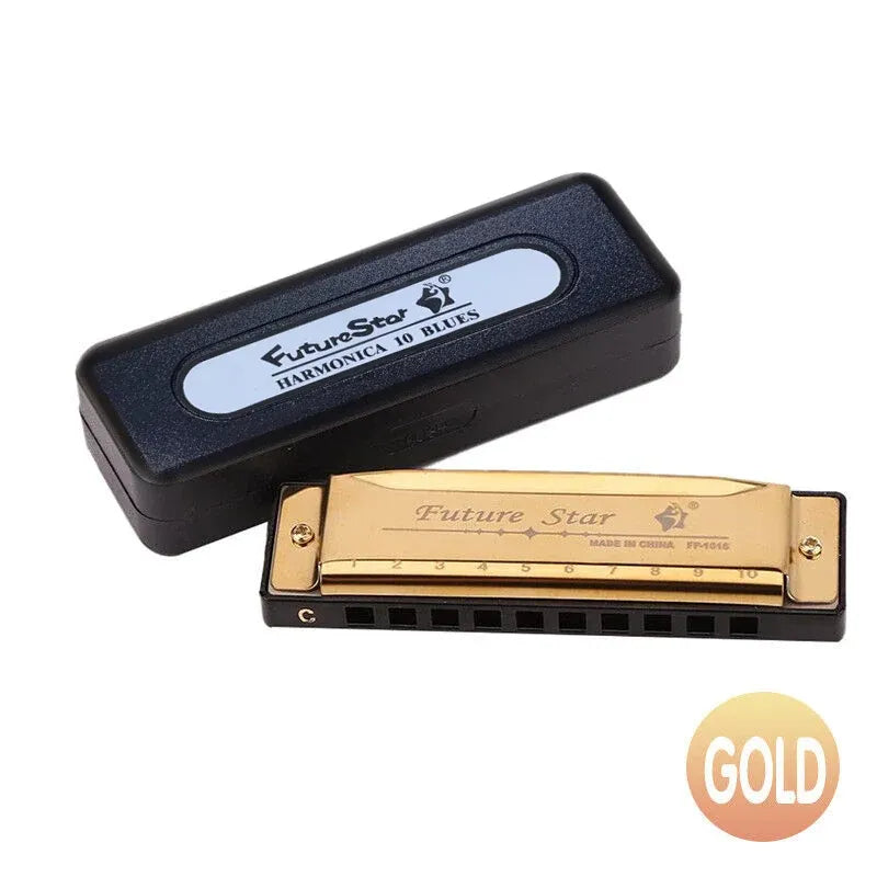 Harmonica 10 Holes Key Of C Blue Blues Harp Stainless Steel Brass - Gold