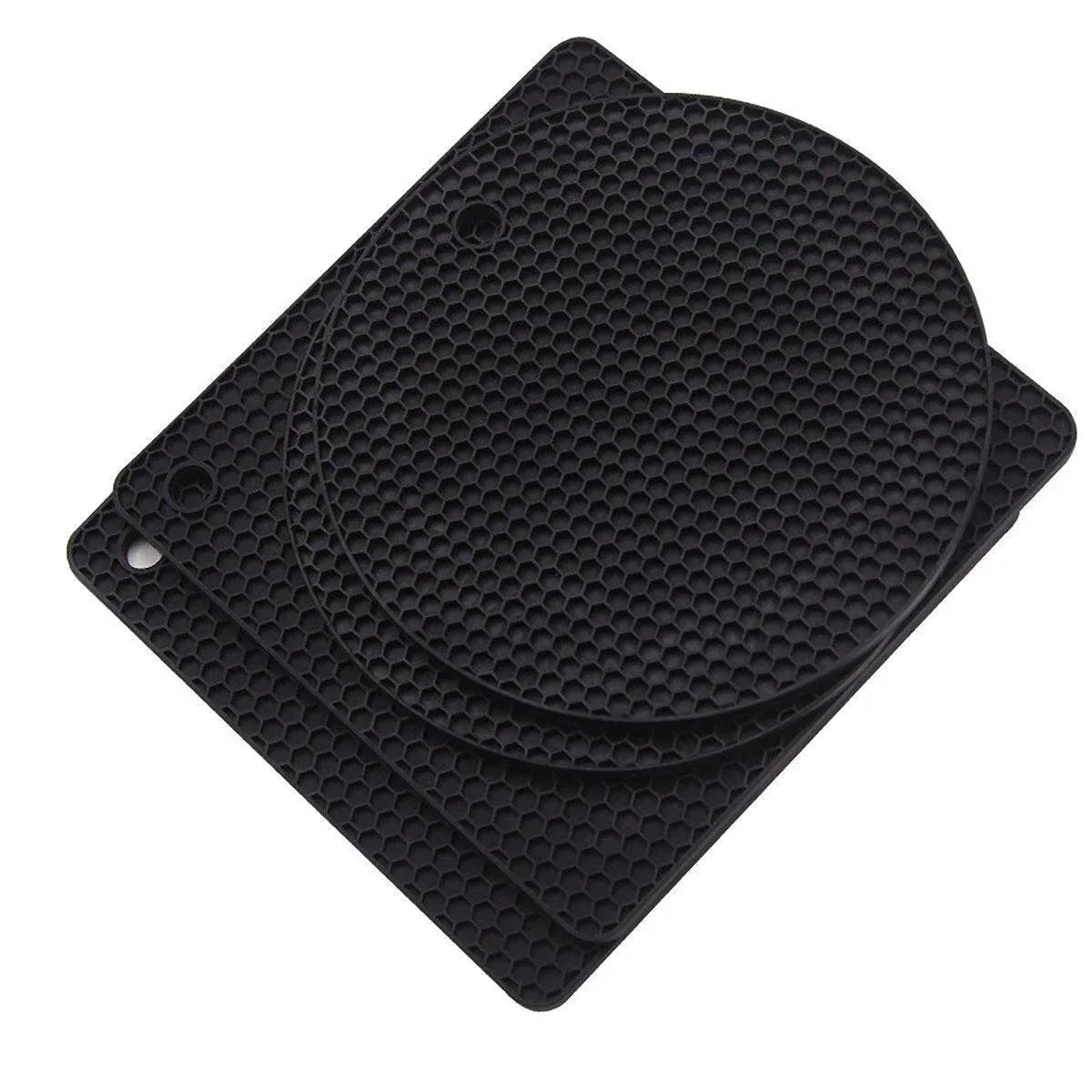4pcs Silicone Honeycomb Heat Resistant Mats Table Cup Pot Coasters Home Kitchen - Black