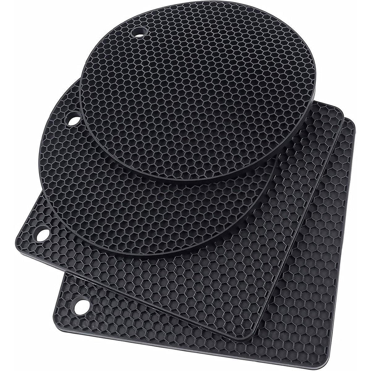 4pcs Silicone Honeycomb Heat Resistant Mats Table Cup Pot Coasters Home Kitchen - Black