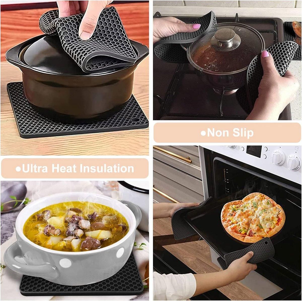 4pcs Silicone Honeycomb Heat Resistant Mats Table Cup Pot Coasters Home Kitchen - Grey