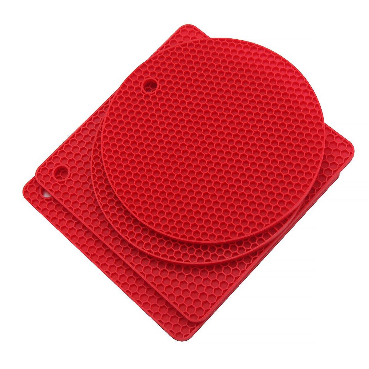 4pcs Silicone Honeycomb Heat Resistant Mats Table Cup Pot Coasters Home Kitchen - Red