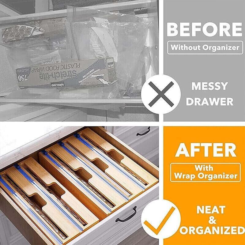 Bamboo Food Wrap Dispenser Cutter Foil Cling Film Storage Holder Box Kitchen Au - L