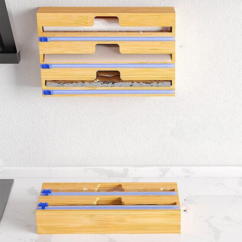 Bamboo Food Wrap Dispenser Cutter Foil Cling Film Storage Holder Box Kitchen Au - L