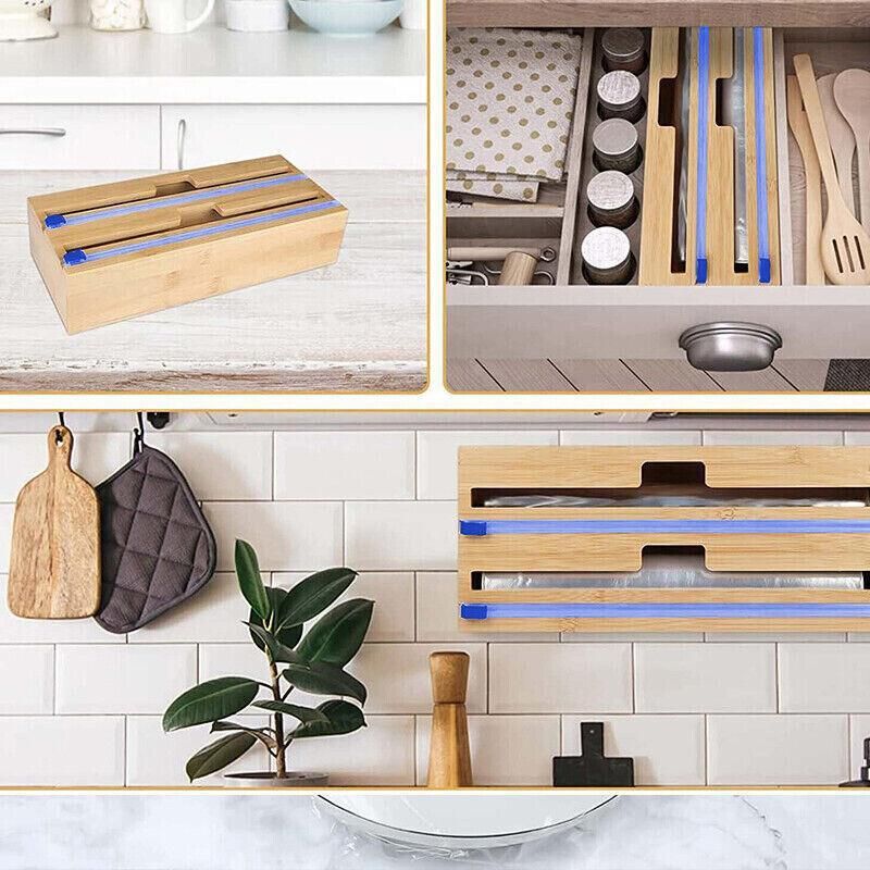 Bamboo Food Wrap Dispenser Cutter Foil Cling Film Storage Holder Box Kitchen Au - L