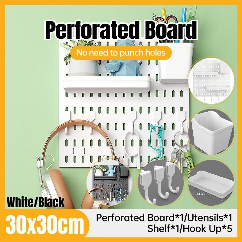 Wall Mounted Pegboard Storage Rack No Drill Organizer Tool Shelf Home Office - White