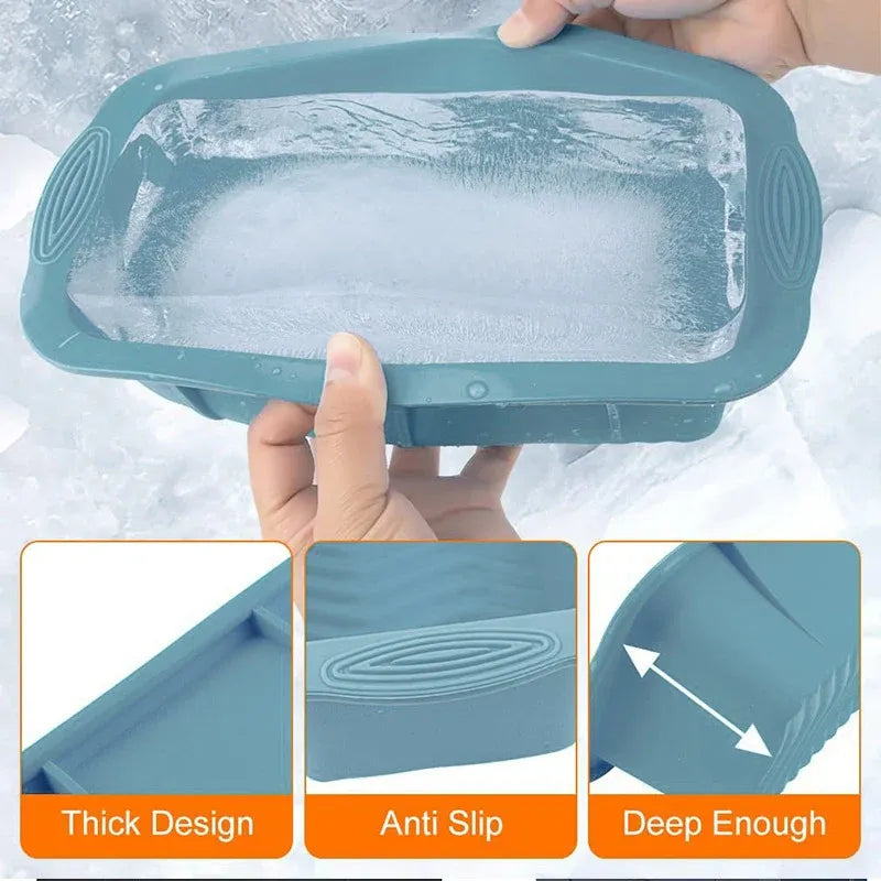 2pcs Large Capacity Ice Cube Tray Mold Rectangle Silicone Ice Grid Maker Kitchen - Blue