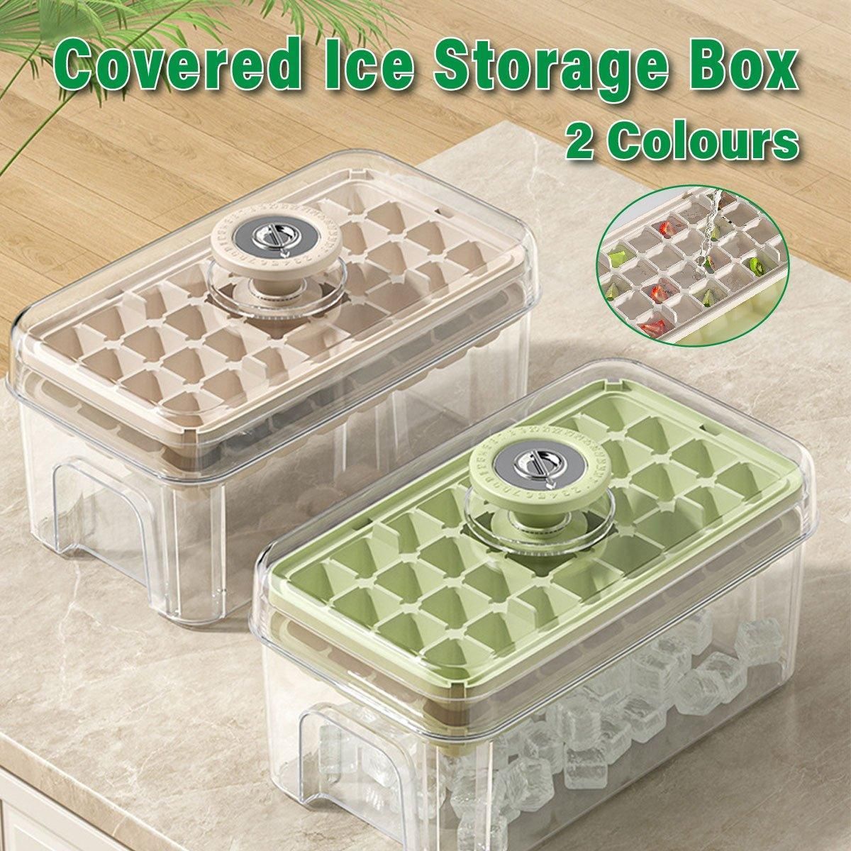 Large Capacity Food Grade Ice Cube Mold with Lid Household Ice Storage Box - Beige