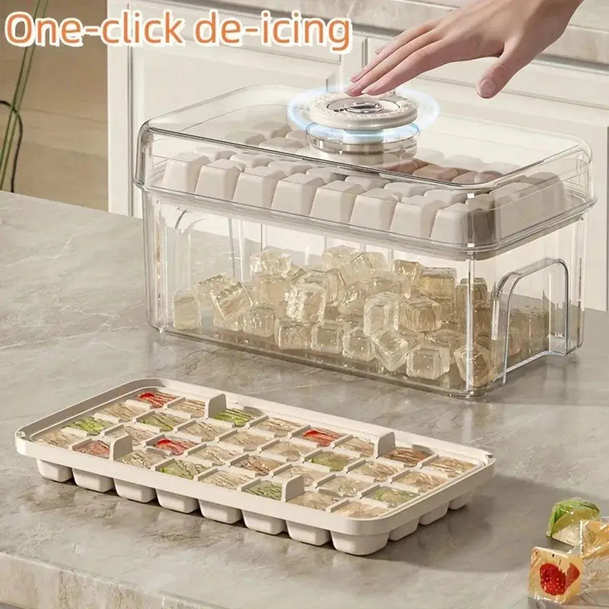 Large Capacity Food Grade Ice Cube Mold with Lid Household Ice Storage Box - Beige