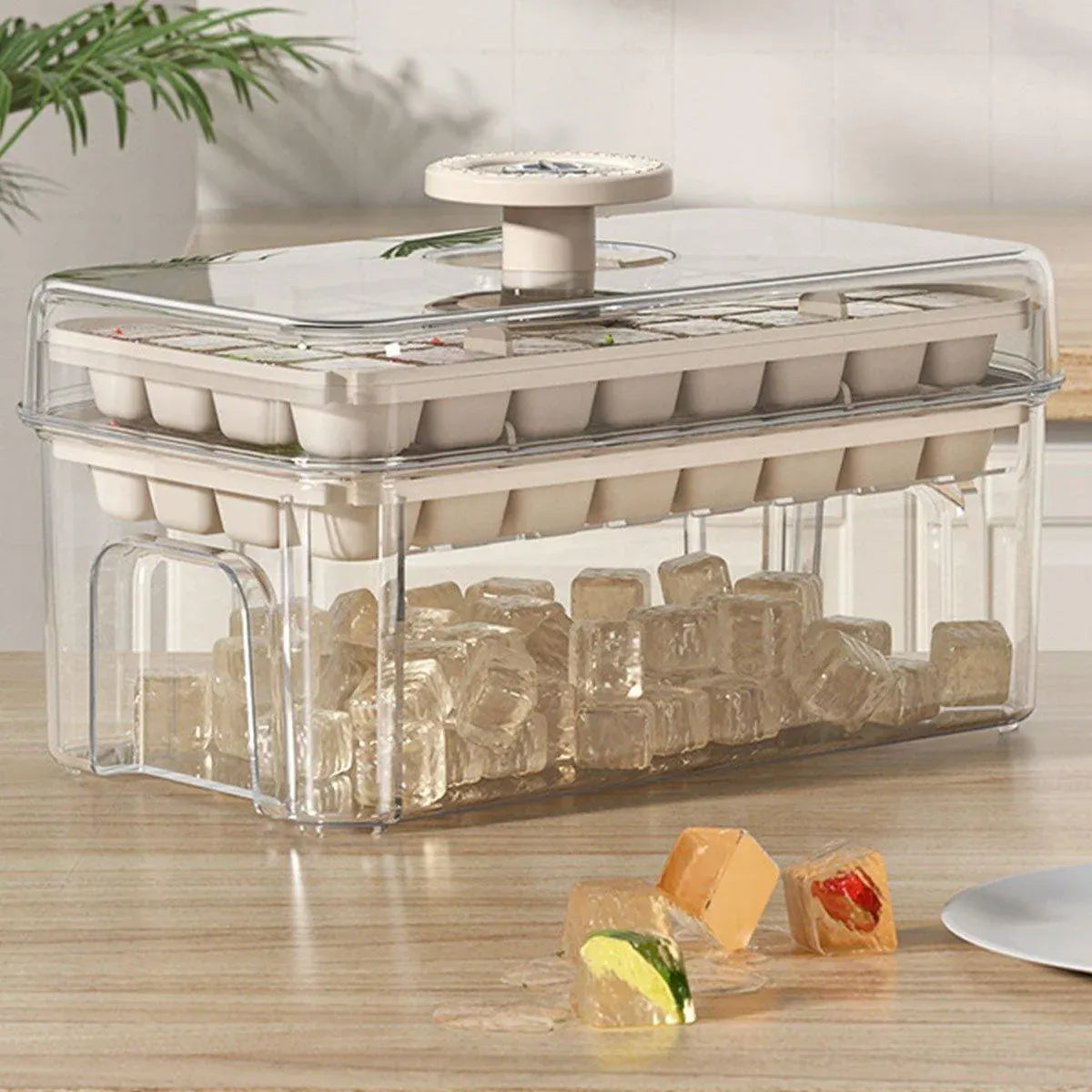 Large Capacity Food Grade Ice Cube Mold with Lid Household Ice Storage Box - Beige