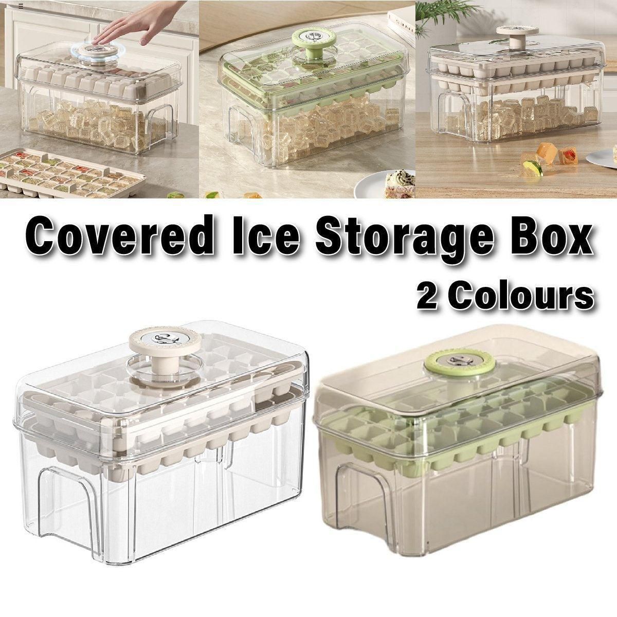 Large Capacity Food Grade Ice Cube Mold with Lid Household Ice Storage Box - Beige