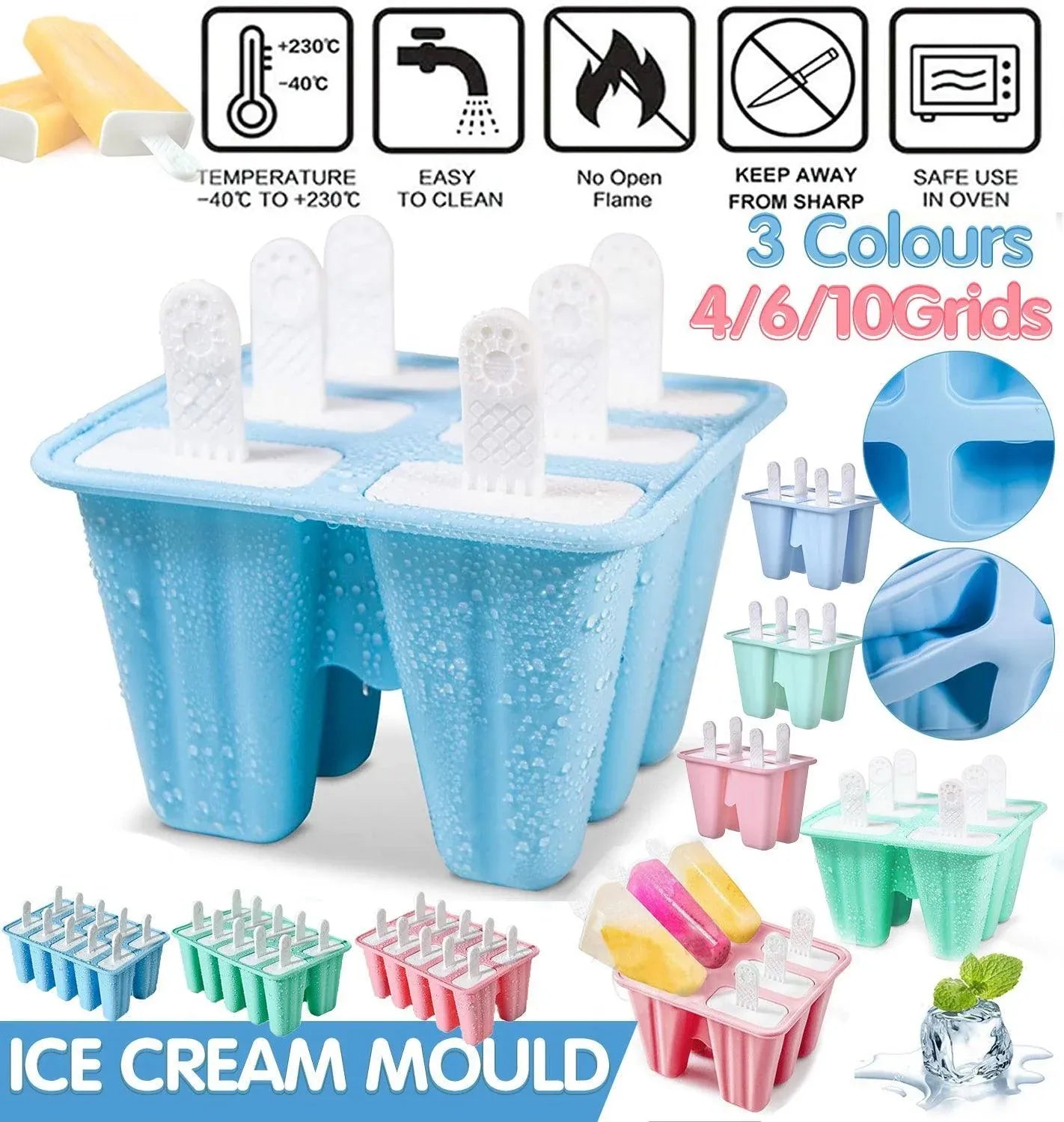 Silicone Ice Cream Mould Block Frozen Molds Icy Pole Jelly Popsicle - Blue-6Grid