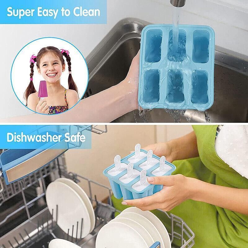 Silicone Ice Cream Mould Block Frozen Molds Icy Pole Jelly Popsicle - Blue-6Grid