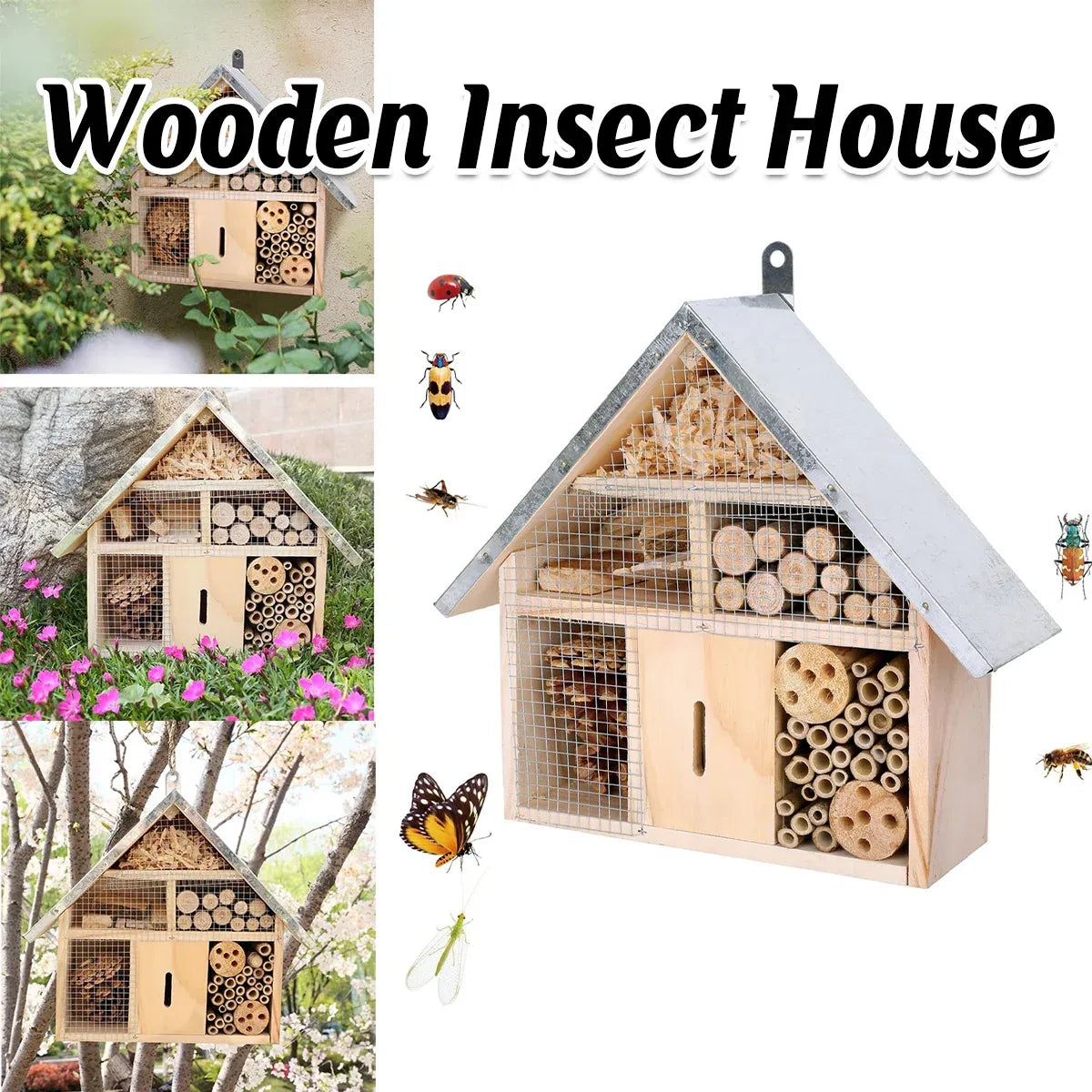 Wooden Insect House Garden Bee Bug Hotel Hanging Habitat Box