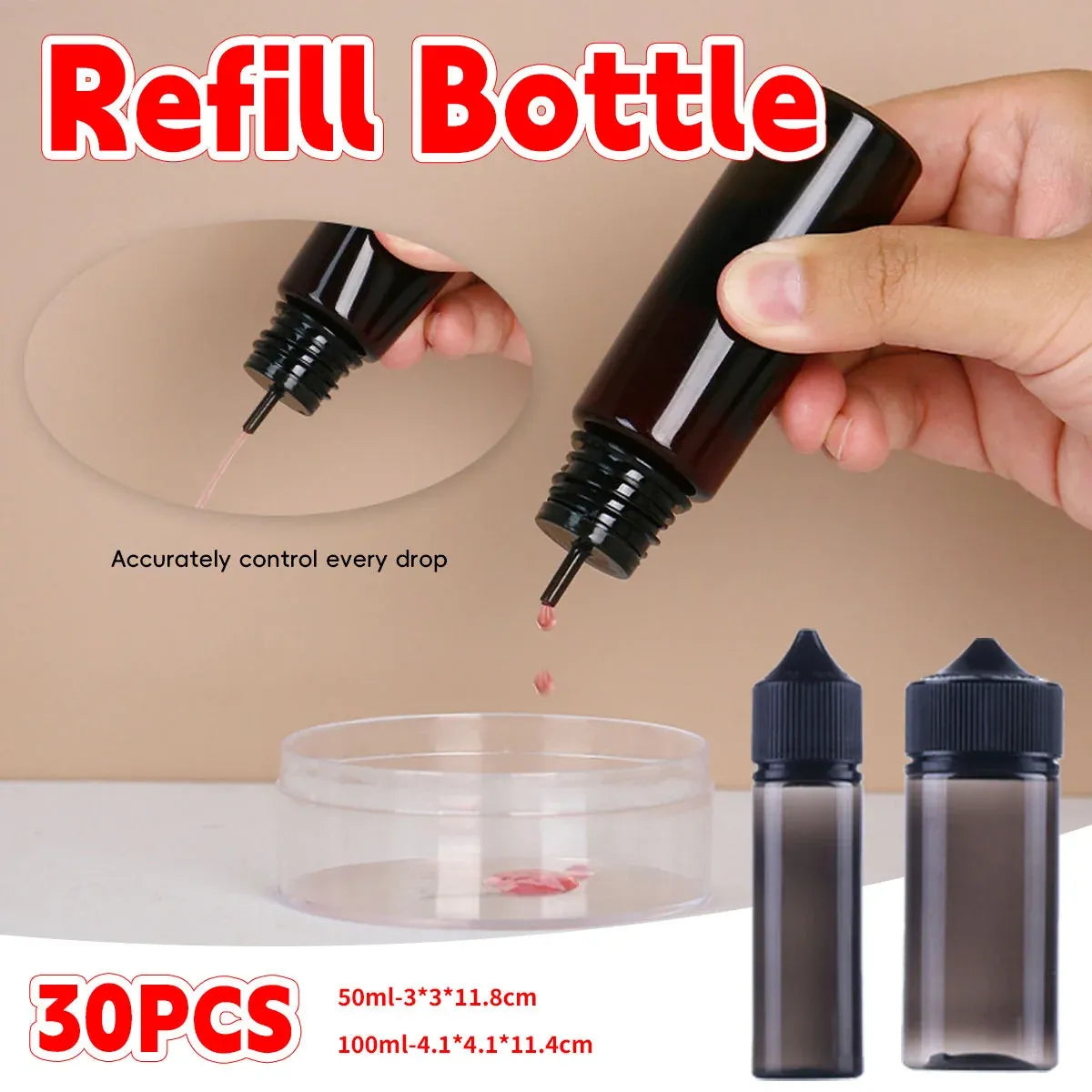 Portable Dropper Bottle Set 50ml 100ml Refill Squeeze Bottles 30 Pack - 100ml