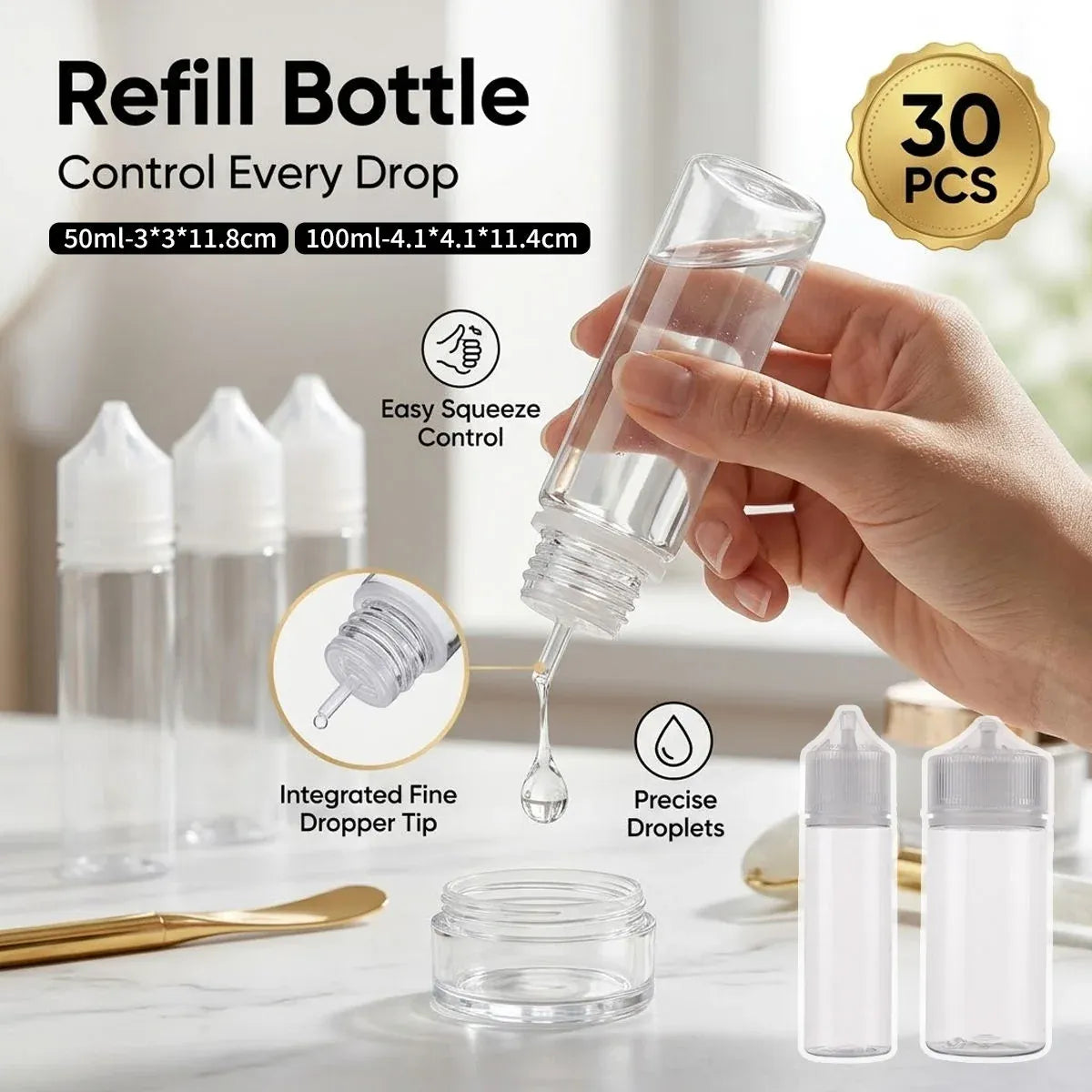 Clear Dropper Bottle Set 50ml 100ml Refill Squeeze Bottles 30 Pack - 100ml
