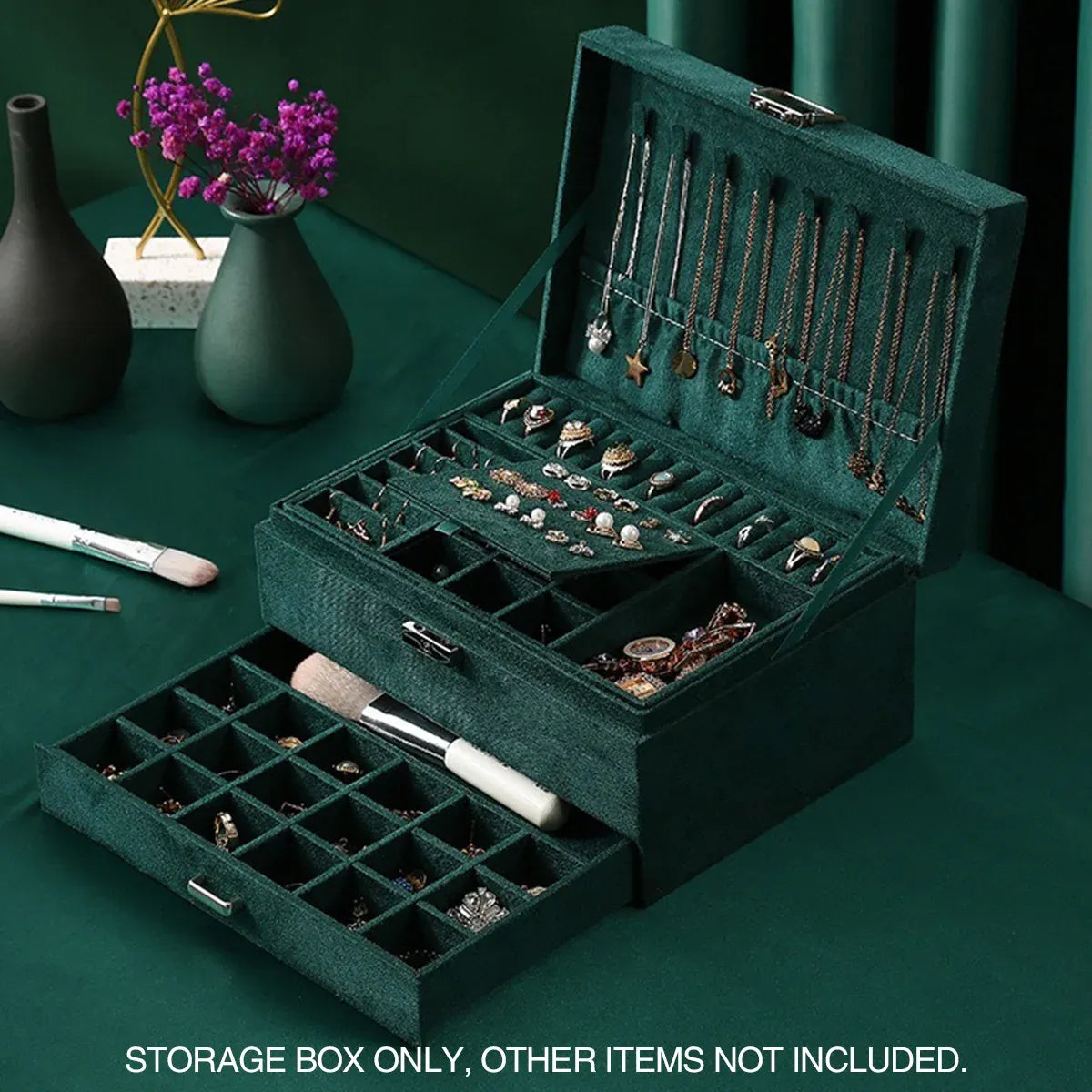 3 Tier Lockable Jewelry Storage Box with Drawers Soft Lining Large Capacity