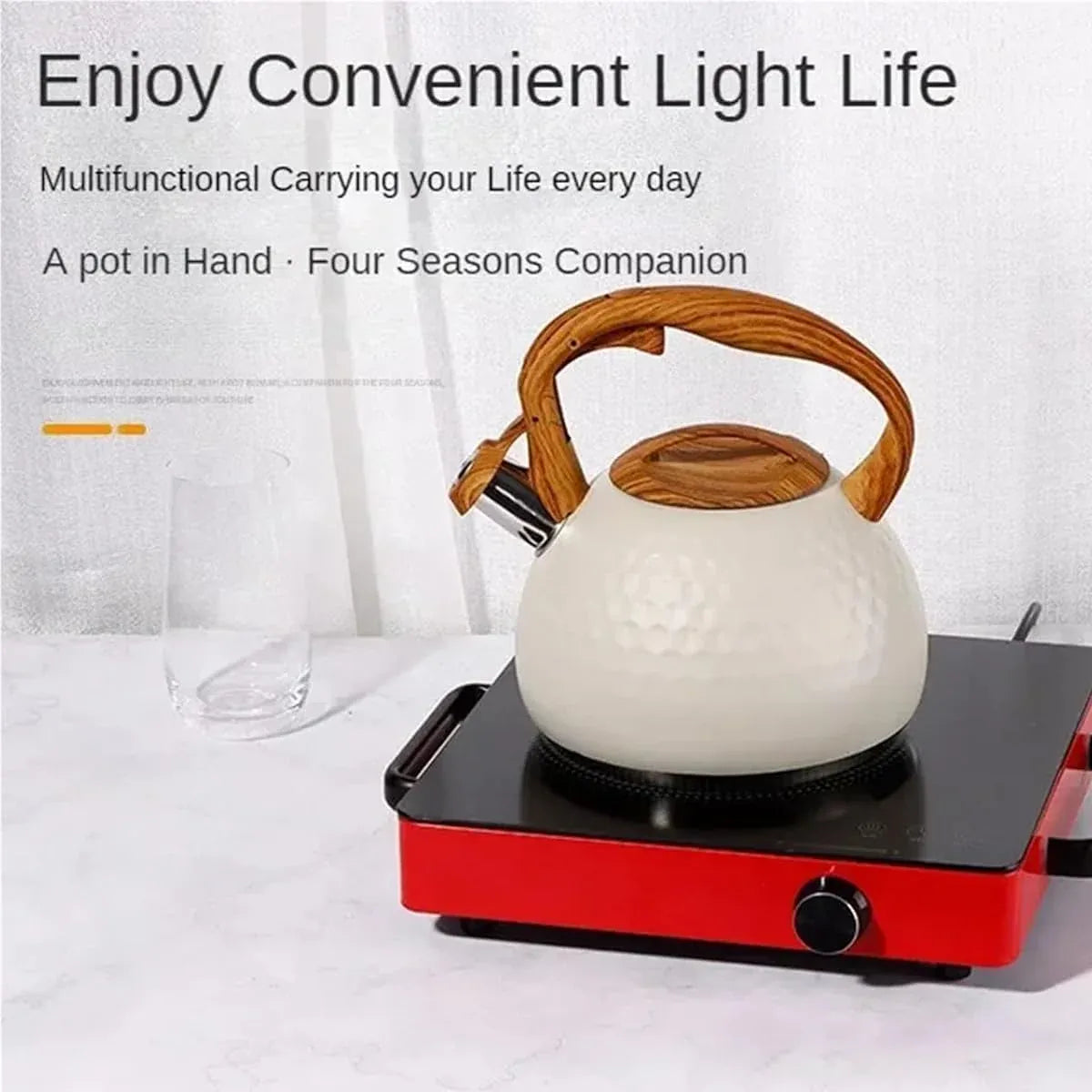 3L Stainless Steel Whistling Kettle Hammer Pattern Induction Gas Teapot Use - Beige