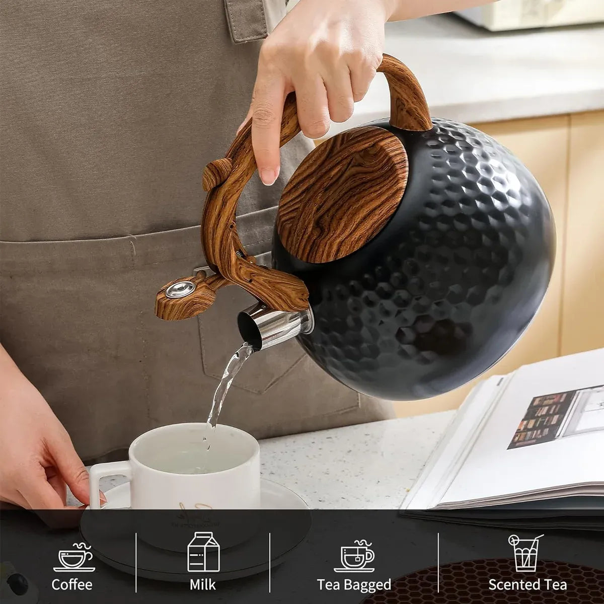 3L Stainless Steel Whistling Kettle Hammer Pattern Induction Gas Teapot Use - Beige