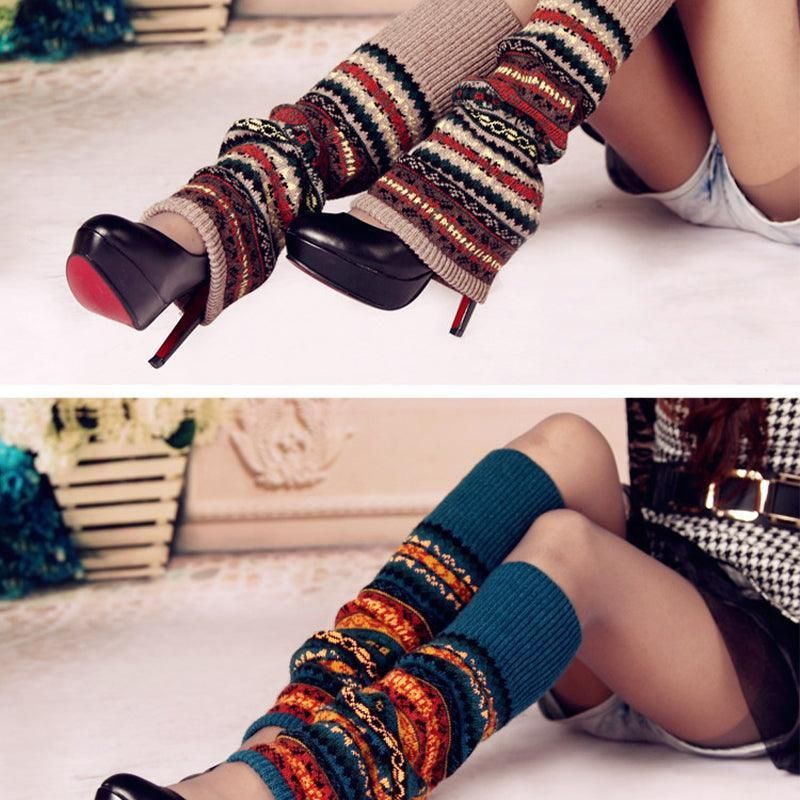 Women Ladies Winter Warm Knit Wool Leg Warmer Woolen Knee Knit Socks Leggings - Green