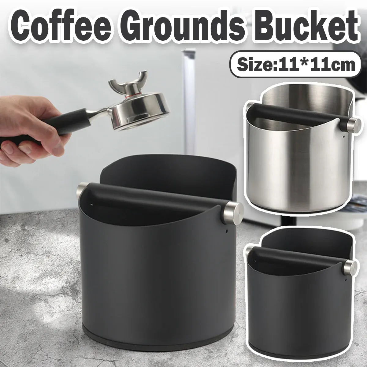 Stainless Steel Coffee Grounds Knock Box Round Tap Bucket for Household Espresso - Black
