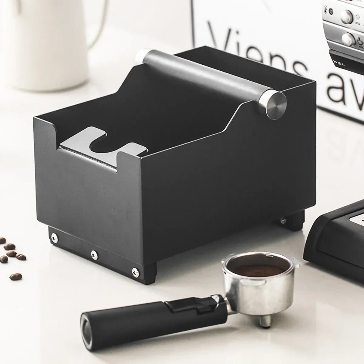 Coffee Knock Box with Powder Press Holder PTFE-Coated Metal Black