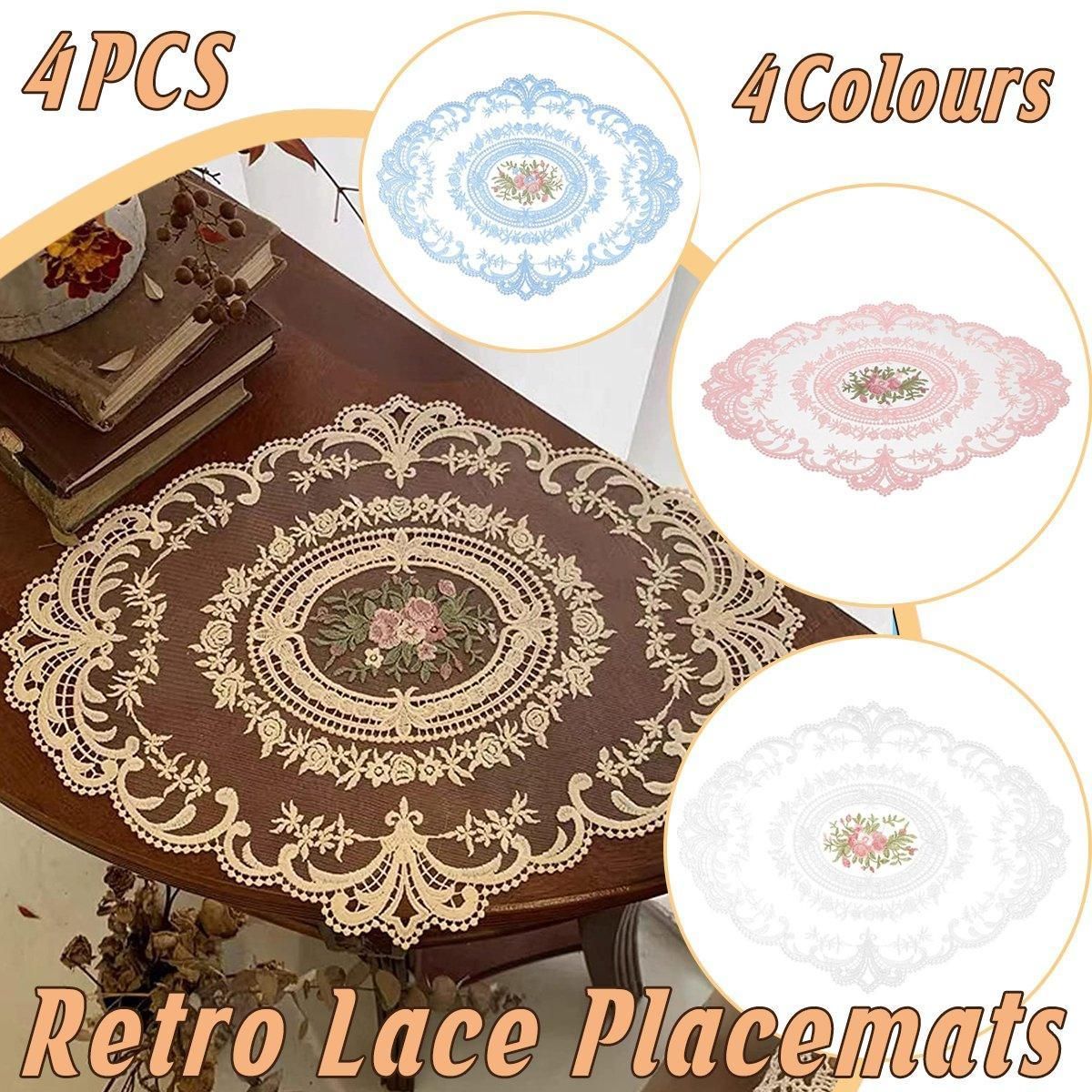 4 Pack Retro Lace Oval Placemats 31x42cm French Crochet Doilies 4 Colors Set - Sky Blue