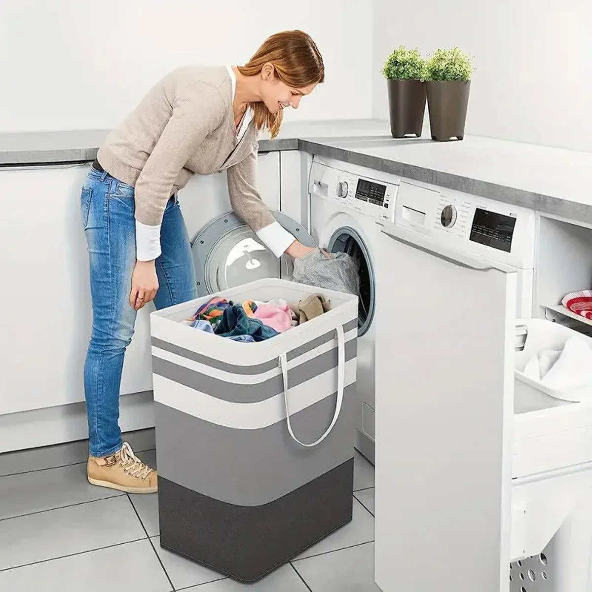 Foldable Canvas Laundry Basket for Dirty Clothes Storage Bag Hamper Organizer - Grey