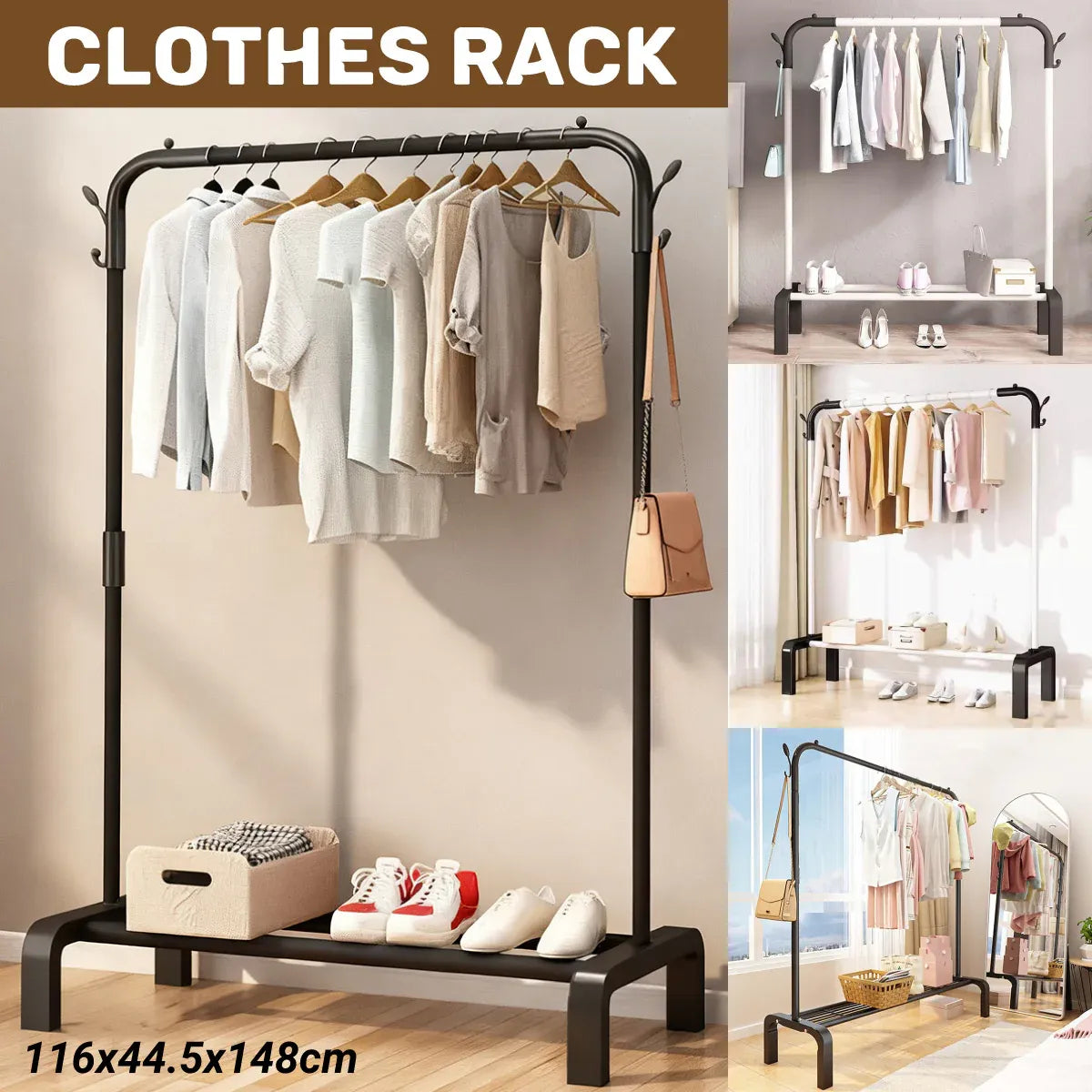 Clothes Rack Durable Sturdy for Home Bedroom Laundry Room Storage Organizer - Black