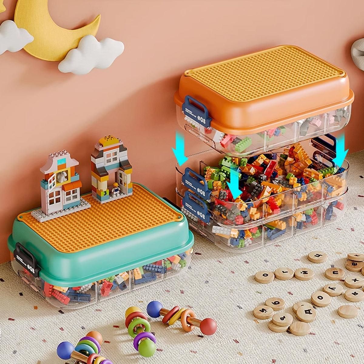 3-Layer Stackable Storage Box for Building Blocks Toy Organizer with Sorting Trays - Orange