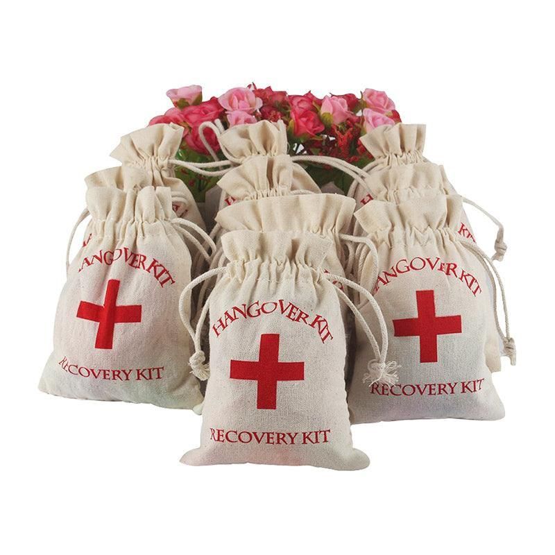 10PCS Linen Drawstring Gift Bags with Red Cross Print for Party Favour Travel Use