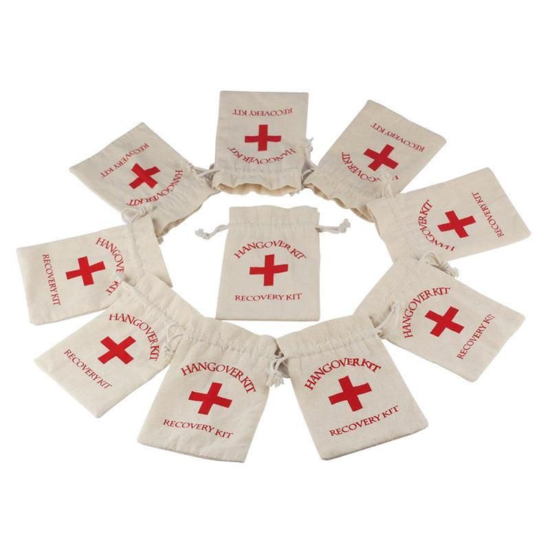 10PCS Linen Drawstring Gift Bags with Red Cross Print for Party Favour Travel Use