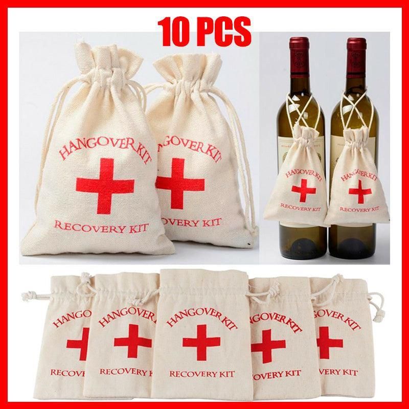 10PCS Linen Drawstring Gift Bags with Red Cross Print for Party Favour Travel Use