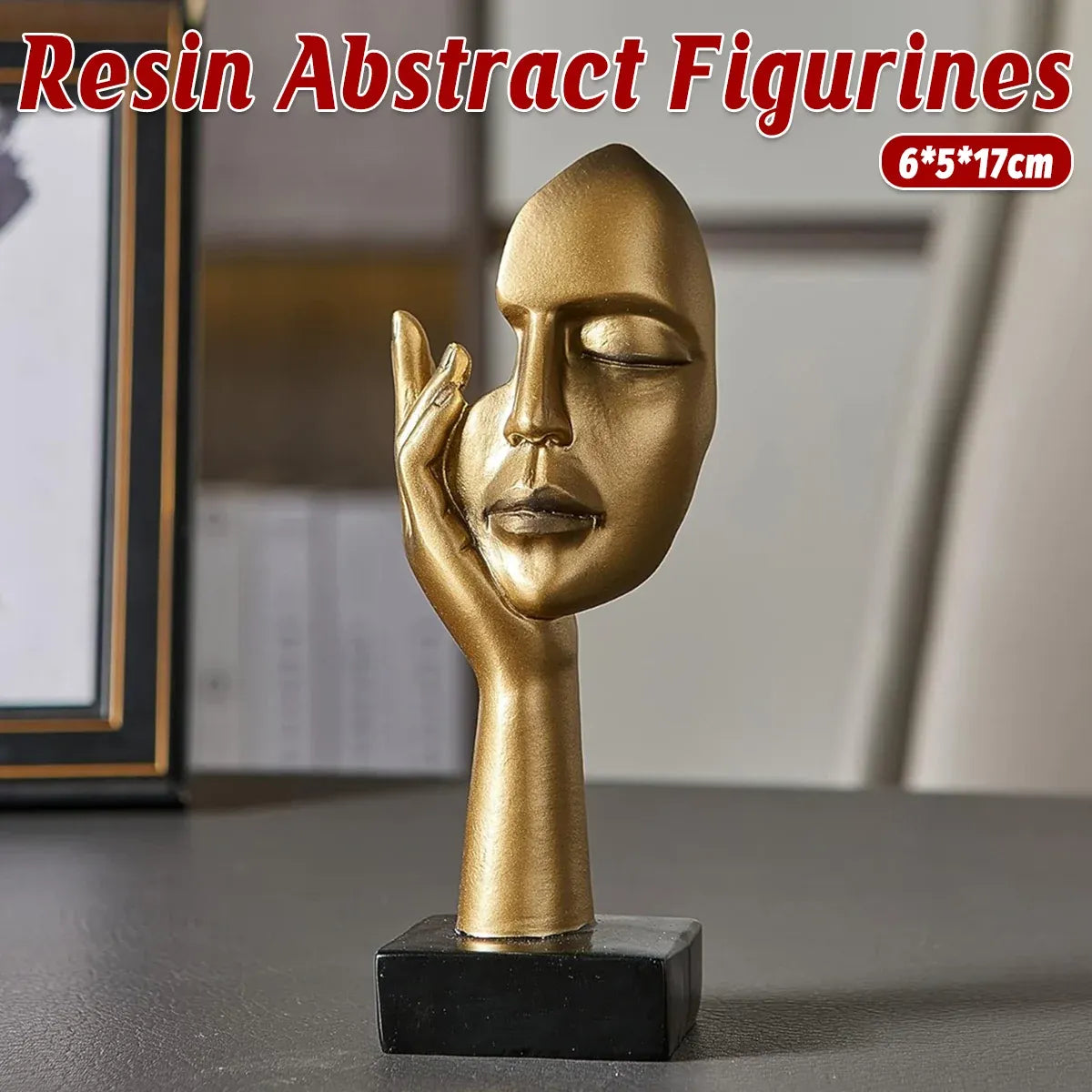 Abstract Face Resin Sculpture in Gold with Black Base for Living Room